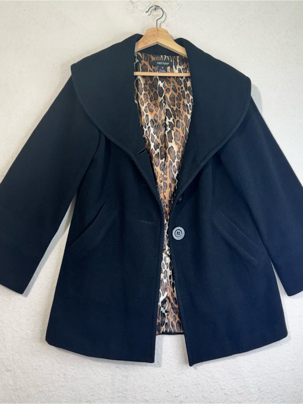 Karen Kane Leopard-Lined Wide Shawl Collar Black Wool Cashmere Pea Coat Medium